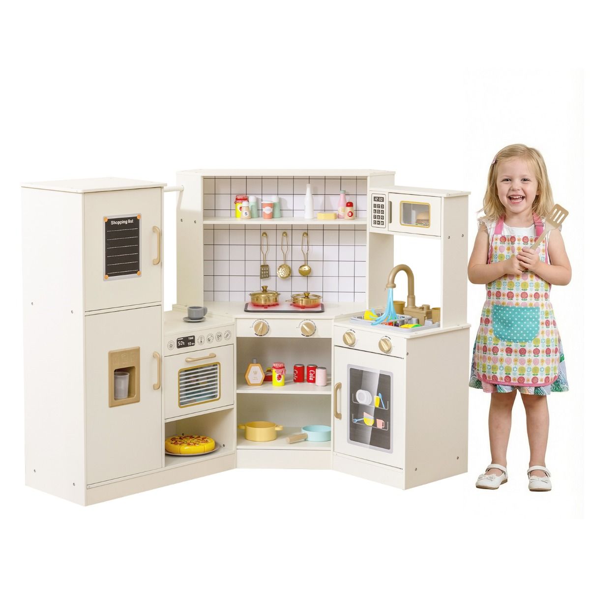 Pretend Play Corner Kitchen Set with Ice Dispenser and Water Circulation Faucet