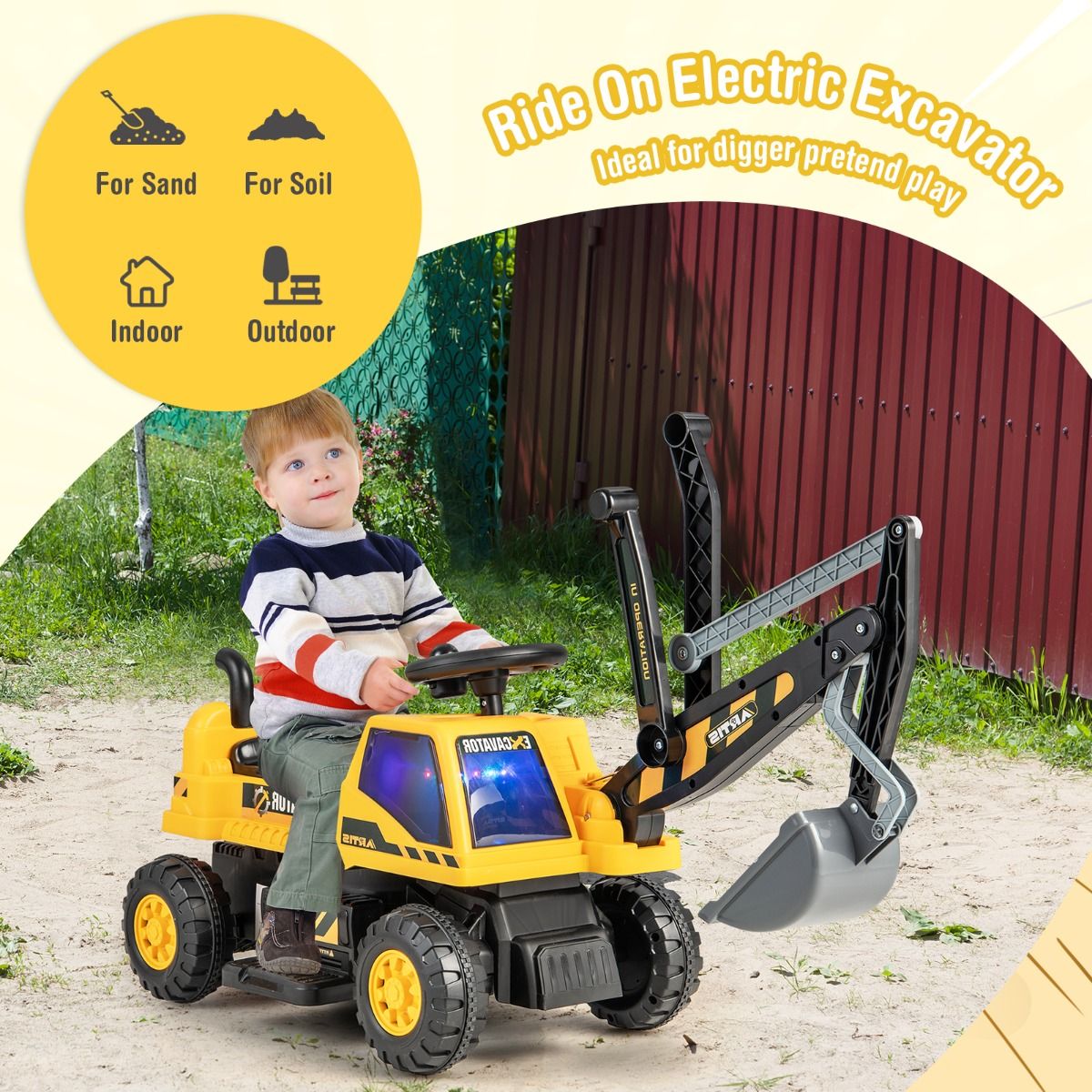 Ride-on Excavator with Music LED Lights and 30° Rotatable for Kids
