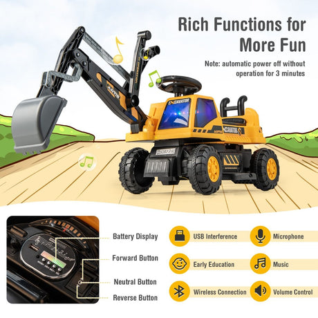 Ride-on Excavator with Music LED Lights and 30° Rotatable for Kids