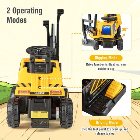 Ride-on Excavator with Music LED Lights and 30° Rotatable for Kids