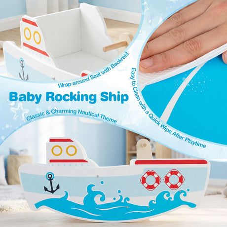 Wooden Rocking Ship with Nautical Theme for 1-5 Years Old Kids