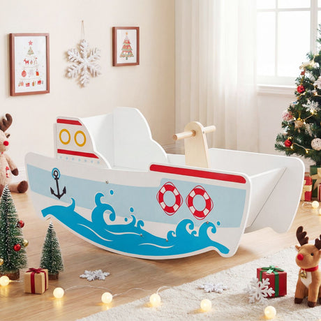 Wooden Rocking Ship with Nautical Theme for 1-5 Years Old Kids