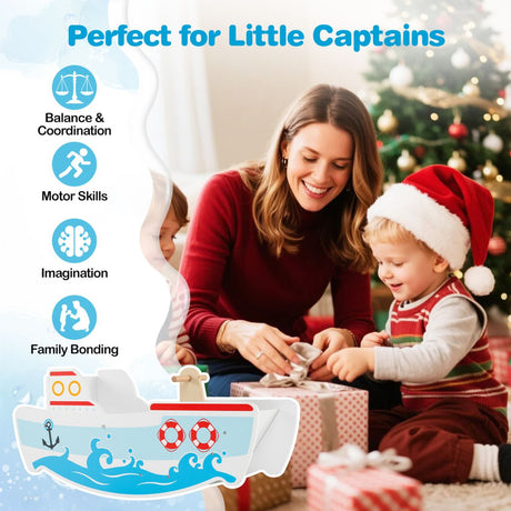 Wooden Rocking Ship with Nautical Theme for 1-5 Years Old Kids