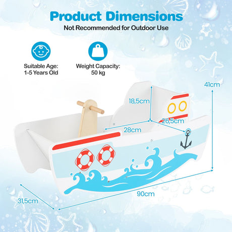 Wooden Rocking Ship with Nautical Theme for 1-5 Years Old Kids