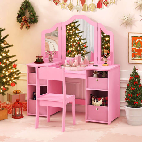 HONEY JOY 2 in 1 Kids Vanity Dressing Table Chair Makeup Tri-fold Mirror Shelves