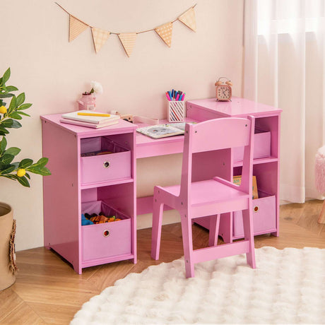 HONEY JOY 2 in 1 Kids Vanity Dressing Table Chair Makeup Tri-fold Mirror Shelves