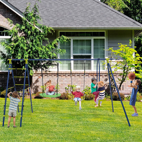HONEY JOY 6-in-1 Kids Swing Playset Climbing Net Ladder Saucer Metal Swing Frame
