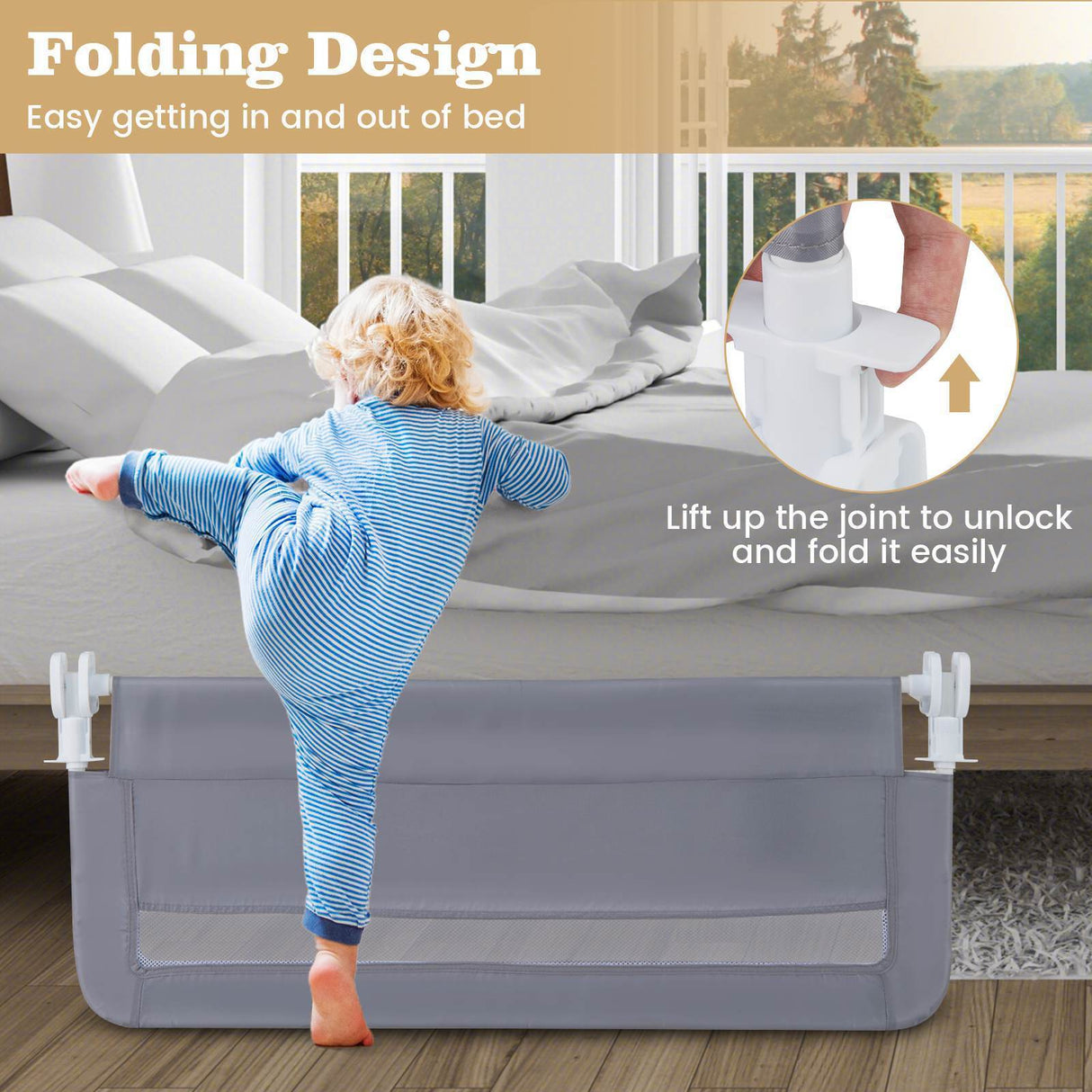 Toddler Foldable Bed Rail, Grey - BABY JOY