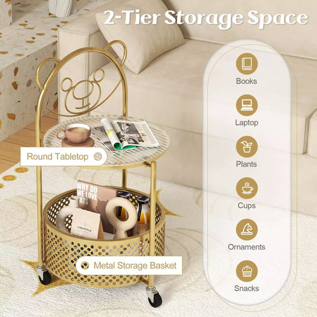 HONEY JOY 2-Tier Round End Table Storage Side Table Bedroom w/Lockable Wheels