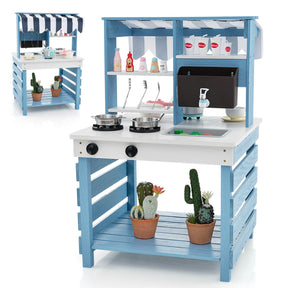 A 2-in-1 double-sided kids' wooden kitchen playset with a canopy, featuring a cooking area on one side and a dining/ordering area on the other, decorated with potted plants and kitchen accessories.