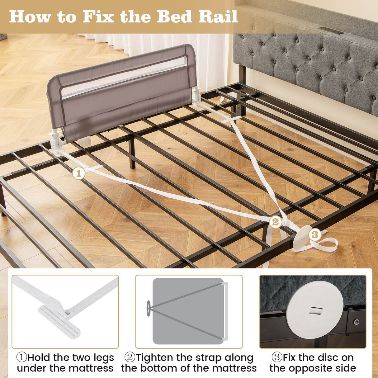 Toddler Foldable Bed Rail, Grey - BABY JOY