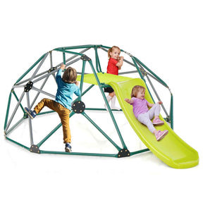 Children playing on a green and yellow dome climbing playset with slide.