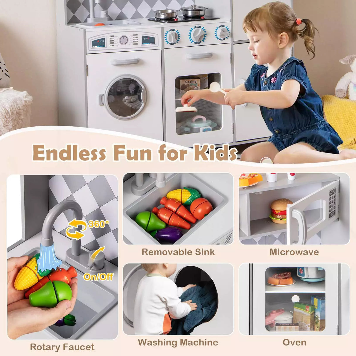 HONEY JOY Kids Kitchen Playset Pretend Play Kitchen Toy Set w/Washing Machine