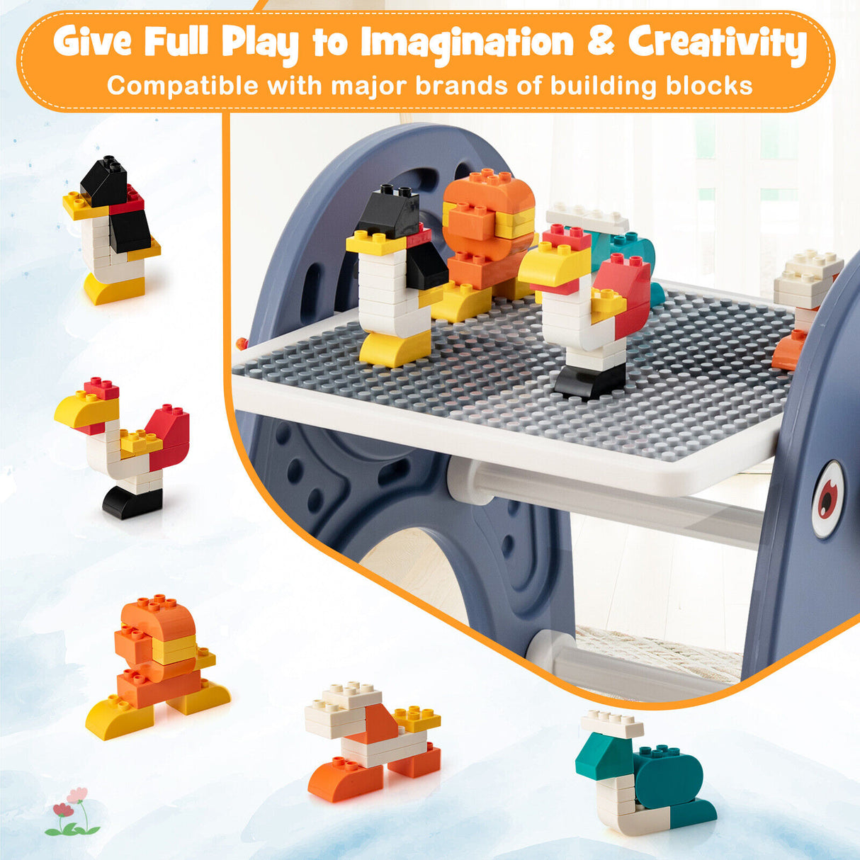 HONEY JOY Kid Art Easel Stool Set Magnetic Drawing Board Table w/Building Blocks