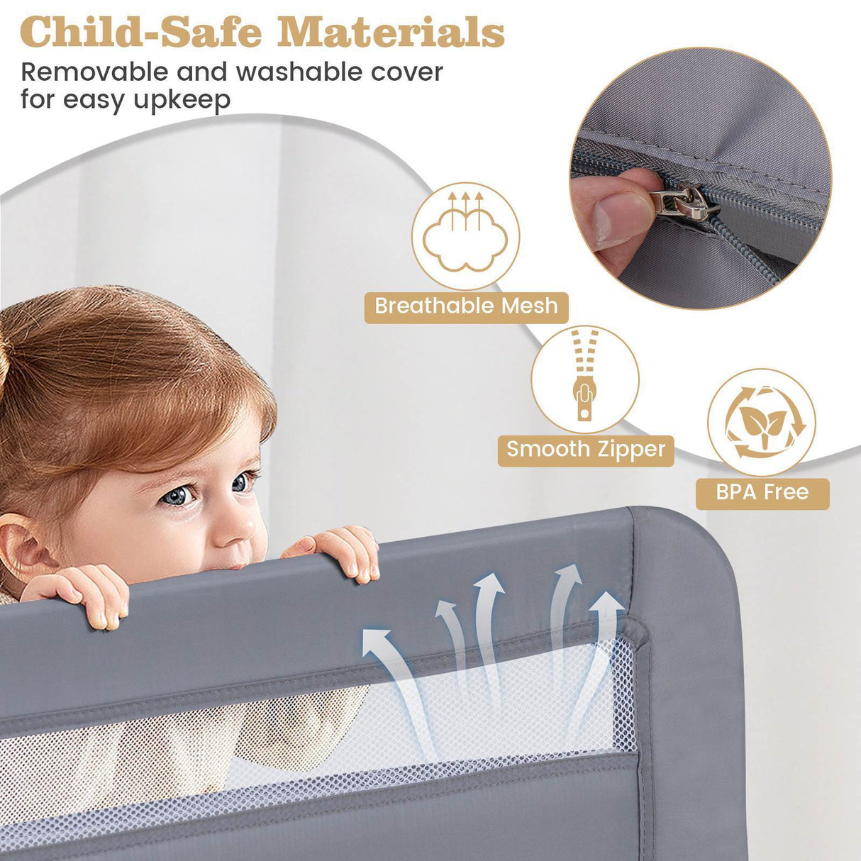 Toddler Foldable Bed Rail, Grey - BABY JOY