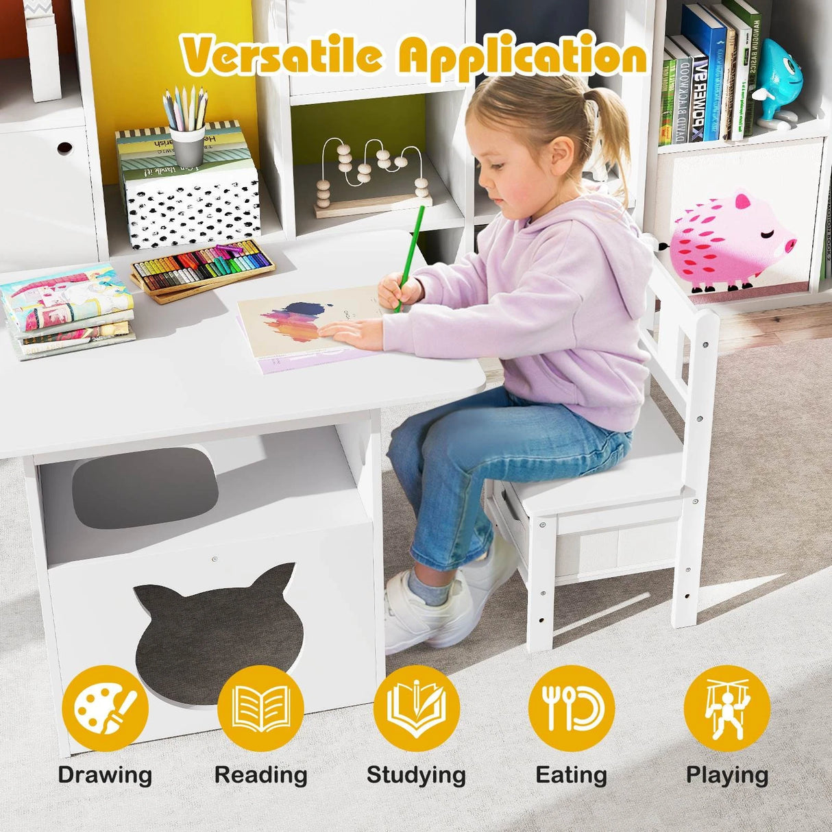 Kids Table and Chairs Set 3 Pieces Wooden Children Furniture Desk with Cat House