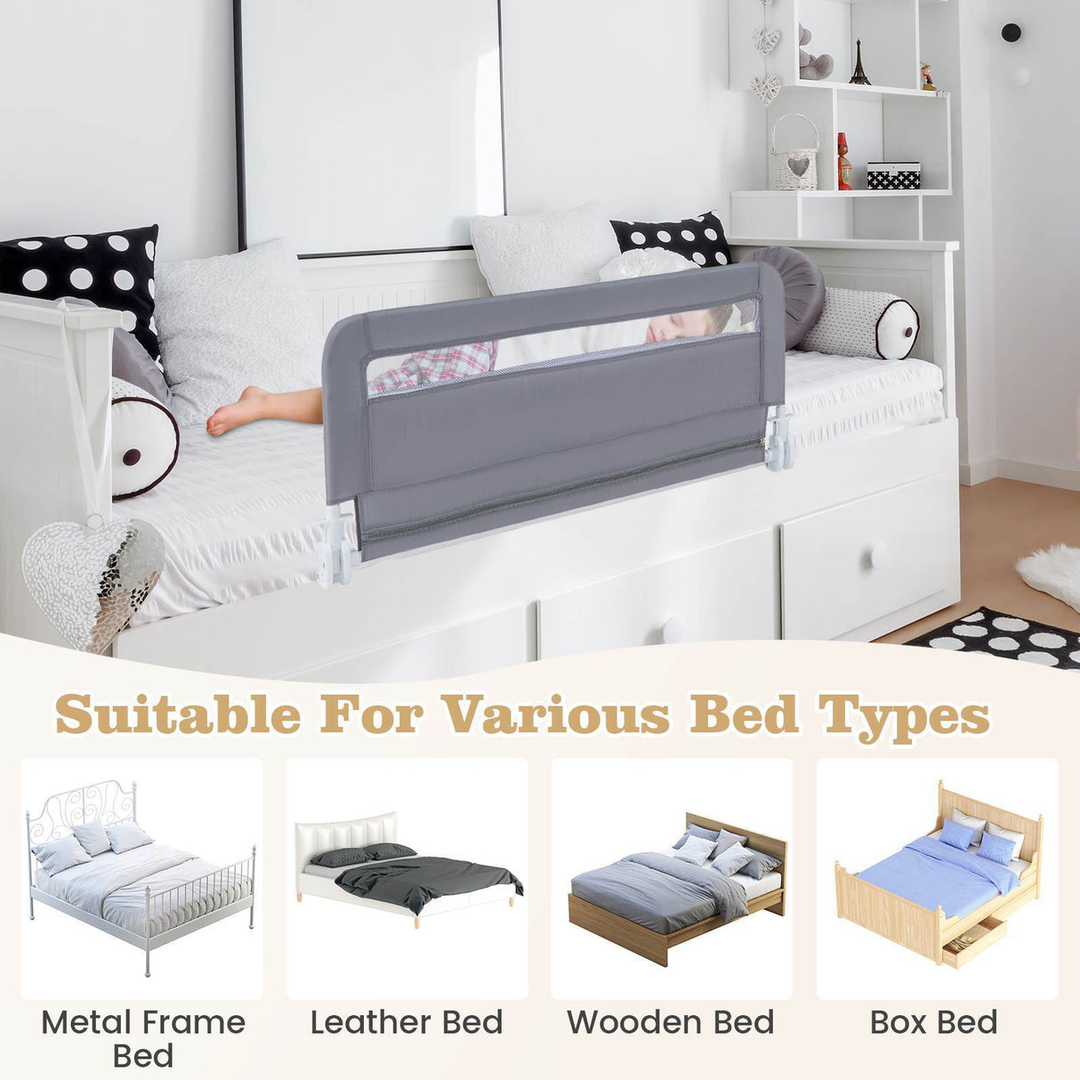 Toddler Foldable Bed Rail, Grey - BABY JOY