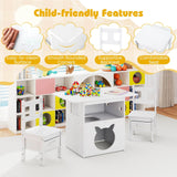 Kids Table and Chairs Set 3 Pieces Wooden Children Furniture Desk with Cat House