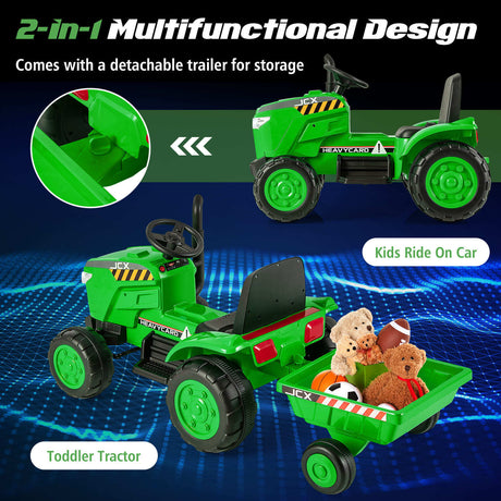 HONEY JOY 12V Kids Ride On Tractor with Trailer, 2-in-1 Electric Toy Car with Remote Control