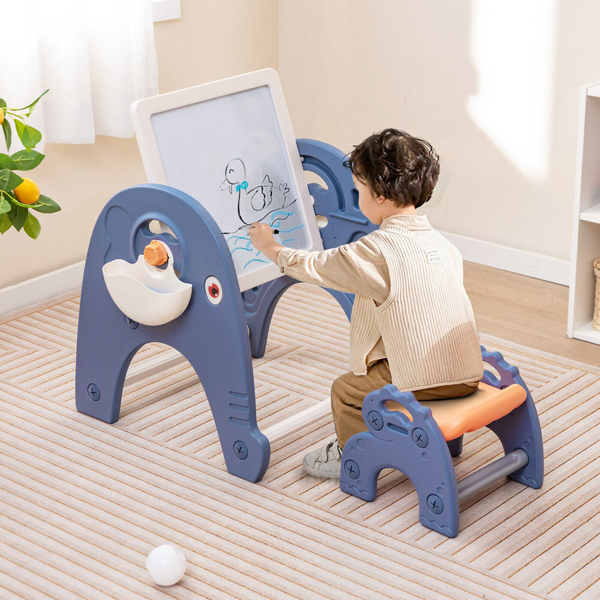 HONEY JOY Kid Art Easel Stool Set Magnetic Drawing Board Table w/Building Blocks