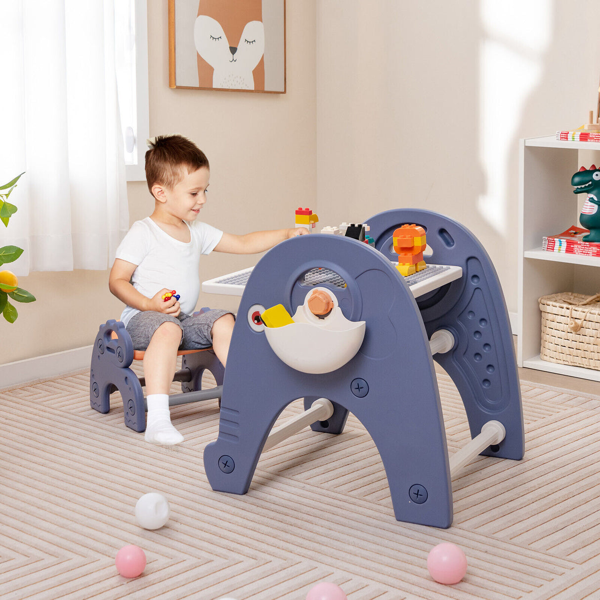 HONEY JOY Kid Art Easel Stool Set Magnetic Drawing Board Table w/Building Blocks