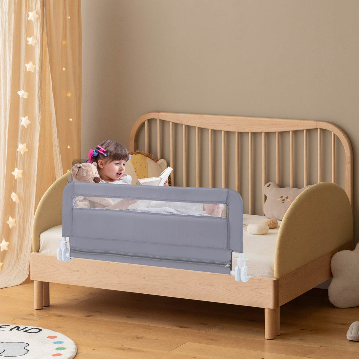 Toddler Foldable Bed Rail, Grey - BABY JOY
