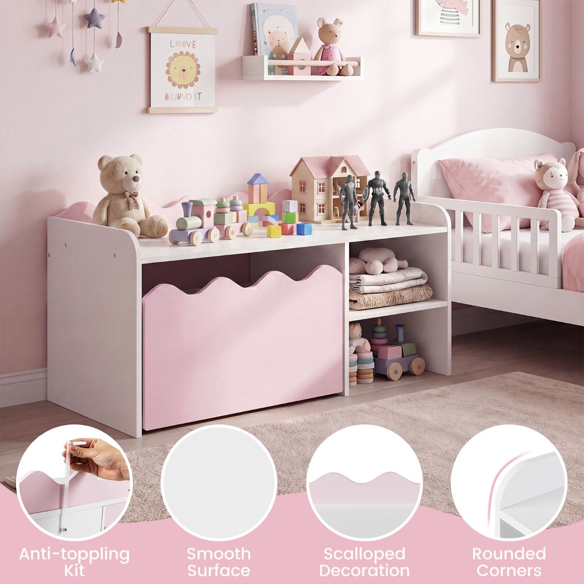 Scalloped Kids Bookshelf and Toy Storage Organizer for Bedroom