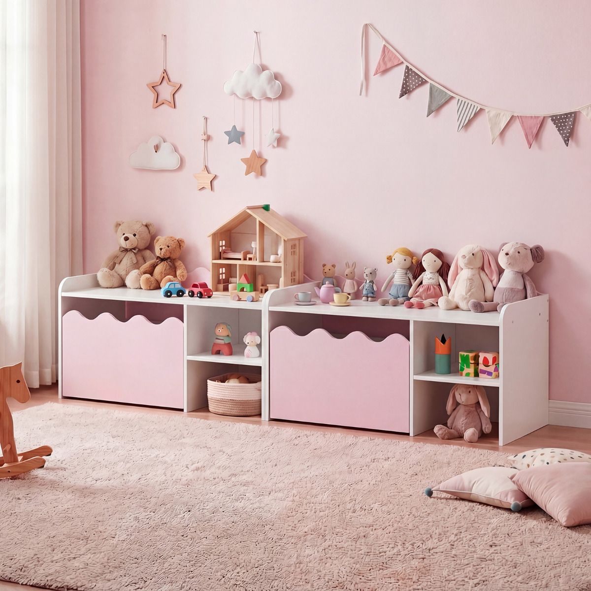 Scalloped Kids Bookshelf and Toy Storage Organizer for Bedroom
