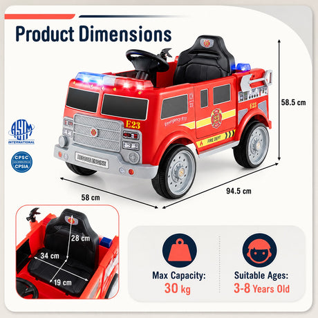Kids Ride on Fire Truck, 12V Battery Powered Fire Car with Remote Control