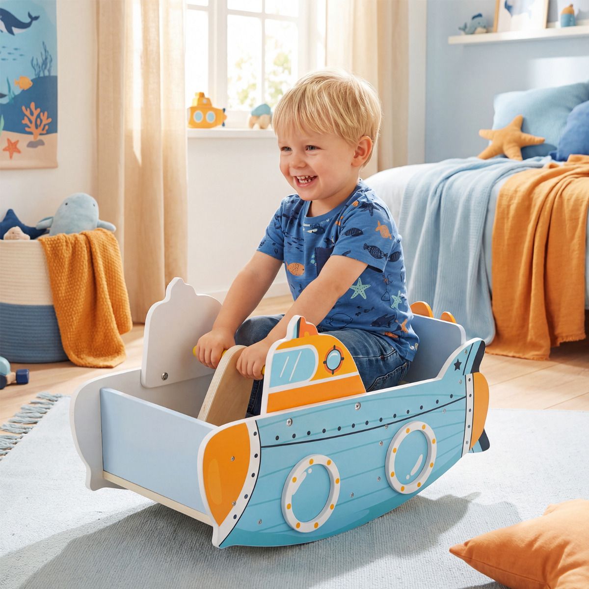 Submarine-Themed Wooden Rocking Boat with Rotating Propeller