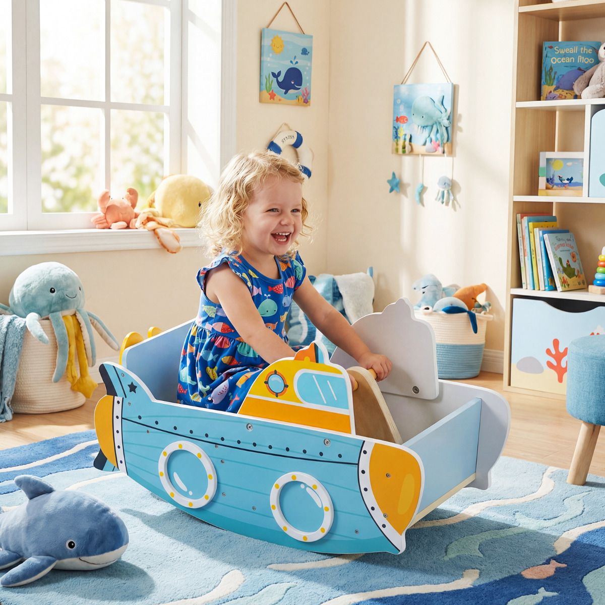 Submarine-Themed Wooden Rocking Boat with Rotating Propeller