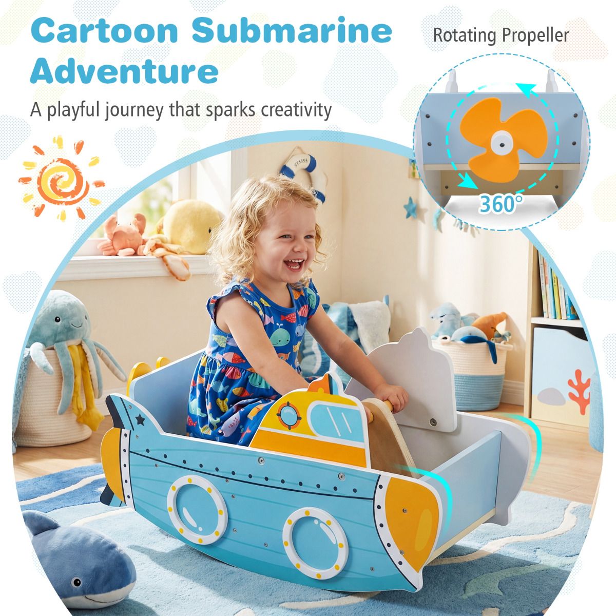 Submarine-Themed Wooden Rocking Boat with Rotating Propeller
