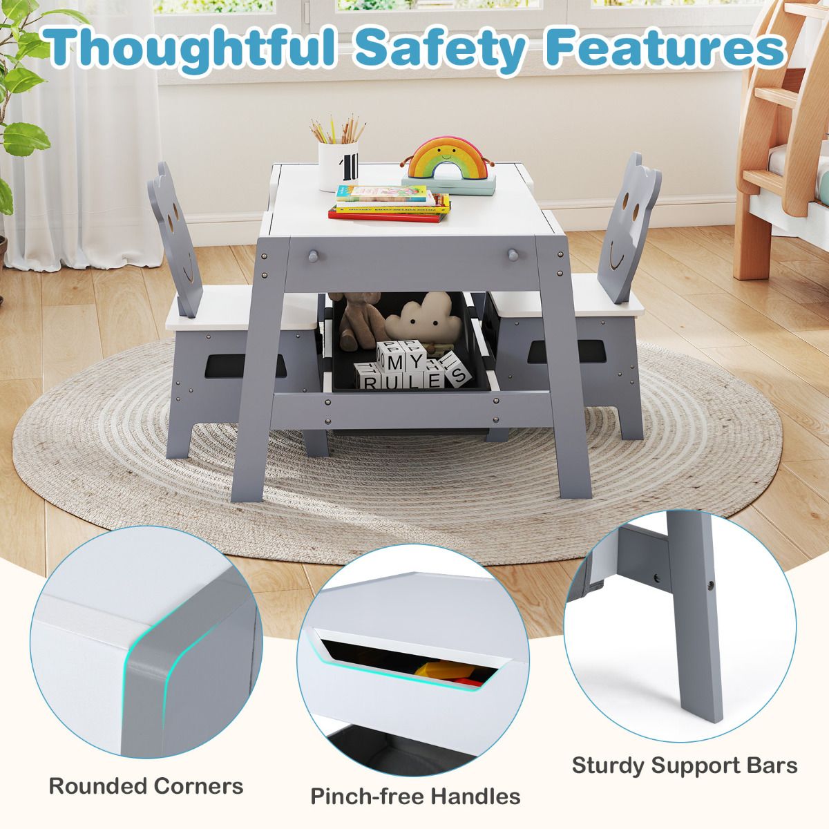 Versatile Kids Table and 2 Chairs Set with Hanging Hooks