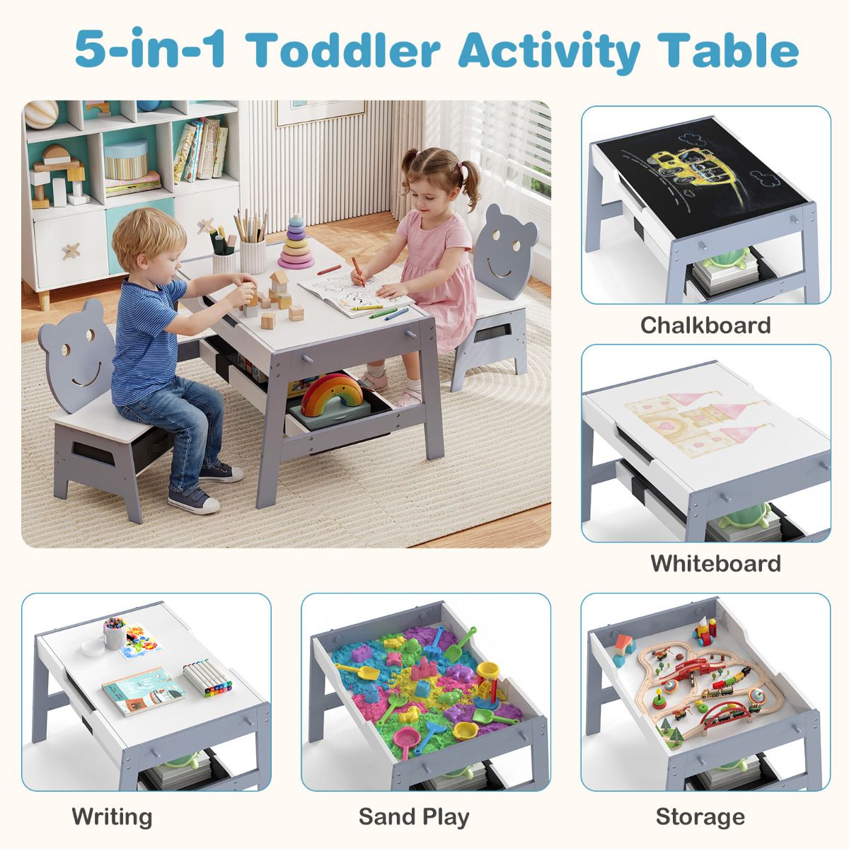 Versatile Kids Table and 2 Chairs Set with Hanging Hooks