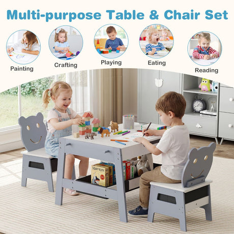 Versatile Kids Table and 2 Chairs Set with Hanging Hooks