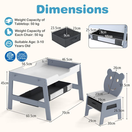 Versatile Kids Table and 2 Chairs Set with Hanging Hooks
