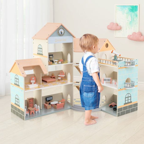 Wooden Corner Dollhouse Playset with 34 Pieces of Furniture and Accessories