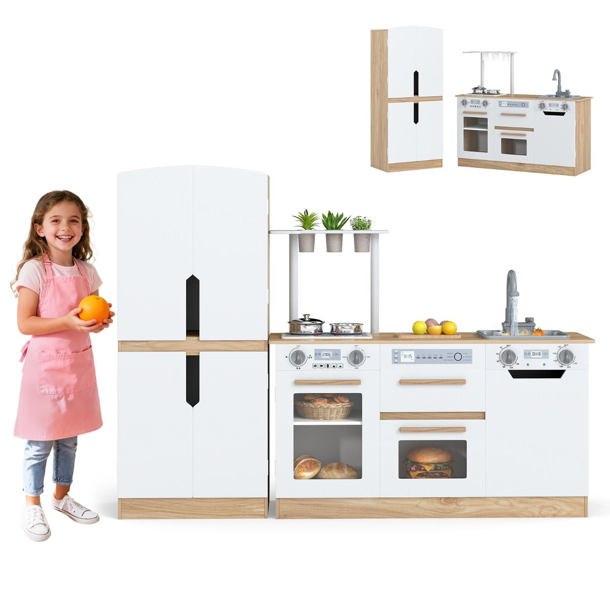 Wooden Modular Play Kitchen with Fridge and Dishwasher for Ages 3+