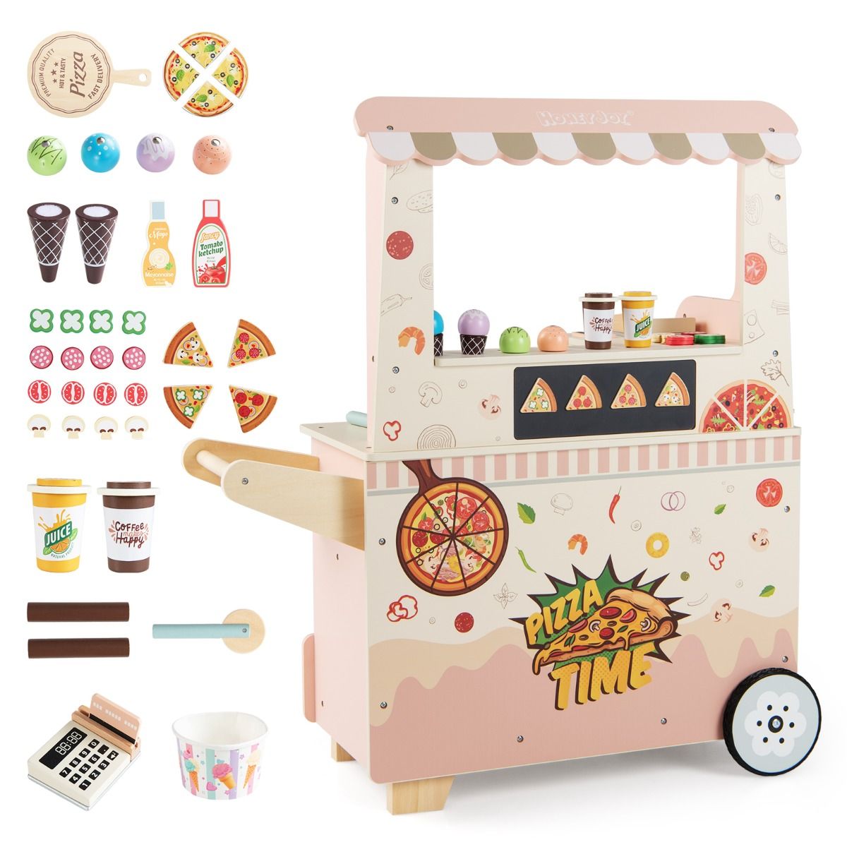 Wooden Pretend Play Snack Cart with Oven and Magnetic Blackboard