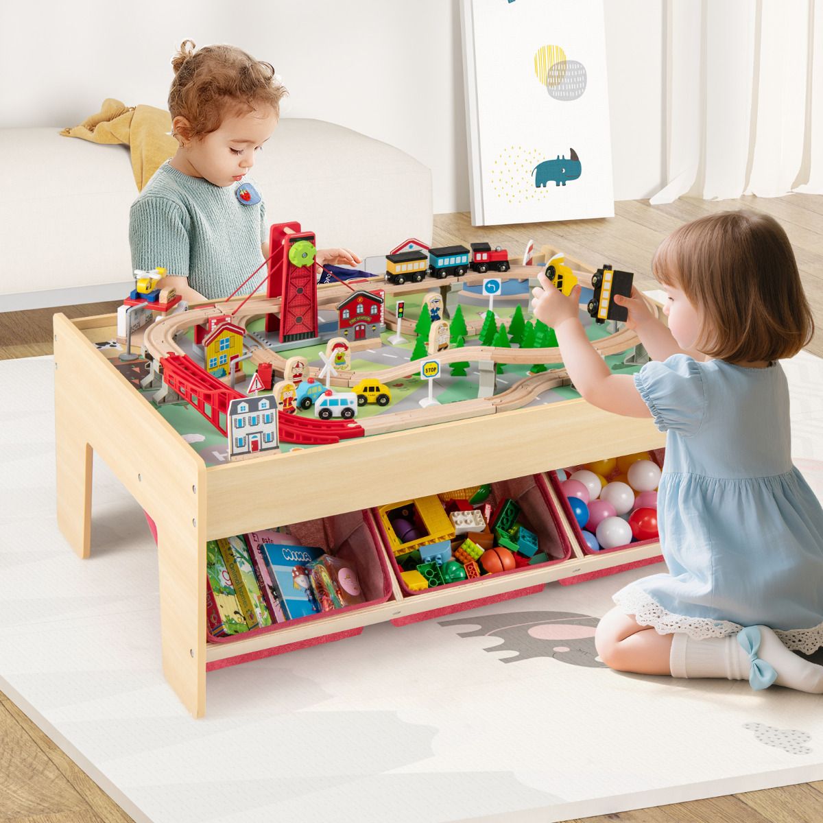 Train Table With Storage Wooden Train Table Multipurpose Activity Play Table with 3 Storage Bin ...